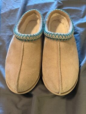 UGG Tan Slippers with Teal Trim